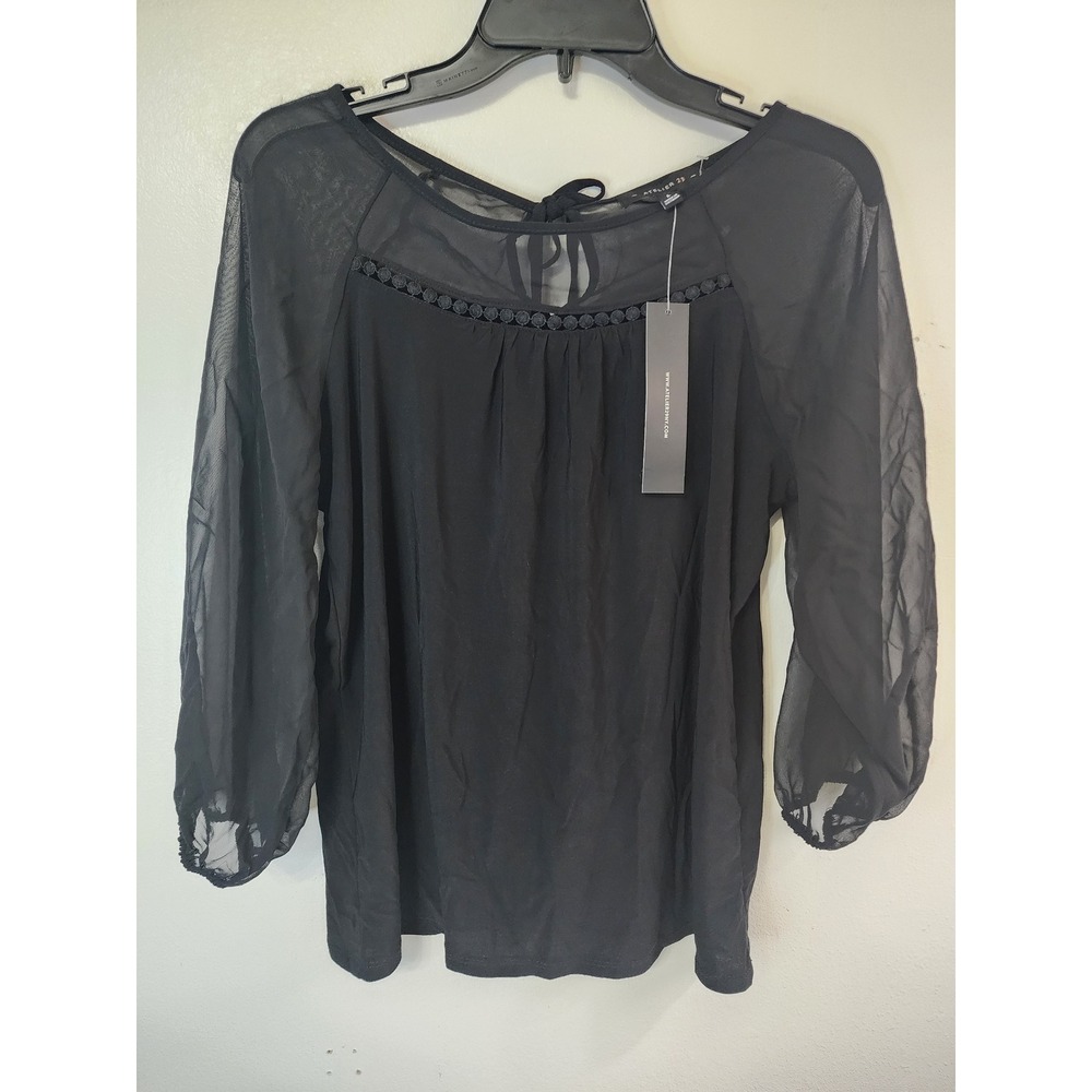 Atelier 29 Sheer Sleeve Blouse Tie Back Keyhole Black Top Womens Size L
